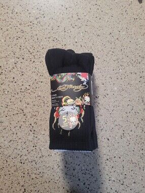 5-Pk Ed Hardy Mens Size 6-12  Cushioned Crew Socks Tattoo Fire Heart Y2K